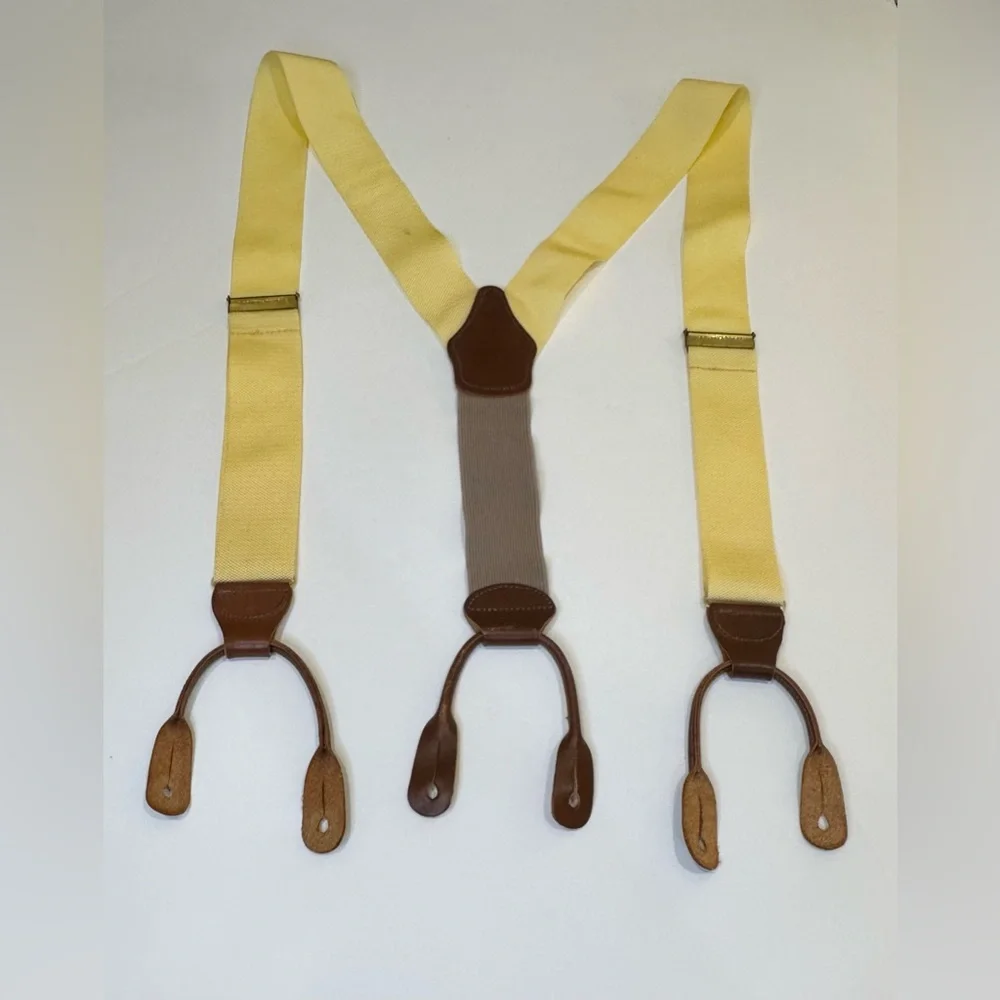 🌟HP🌟VTG 1980s-90s Dooney & Bourke Yellow Silk Leather Suspenders Braces Button - Picture 3 of 9